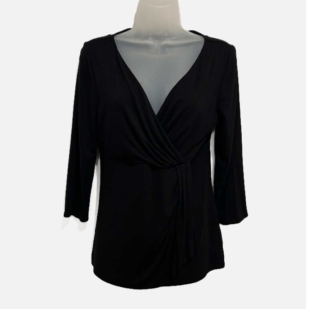 White House Black Market 3/4 length sleeve V-neck black top. Size small.